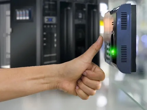 Biometric check at a server cabinet